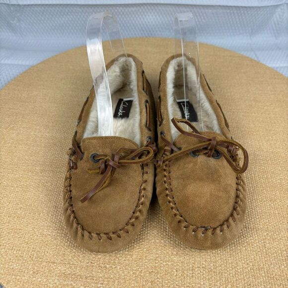 Clarks | Tan Brown Leather Furry Slip On Moccasin Shoes | Size 7 - Picture 4 of 10